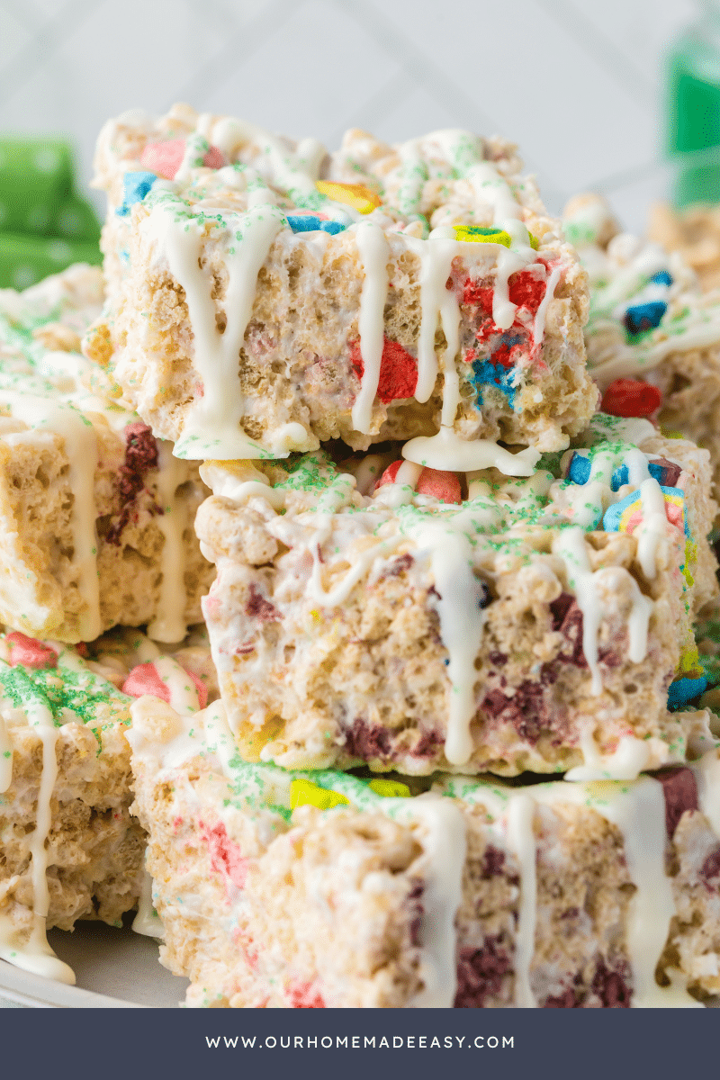 Stack of Lucky Charms Rice Krispie treats on plate