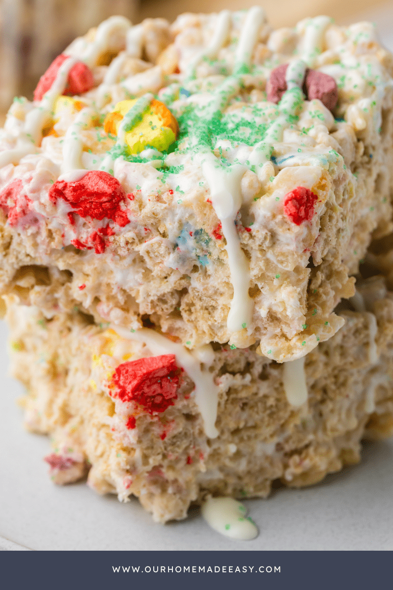 Stack of Lucky Charms Rice Krispie treats on plate