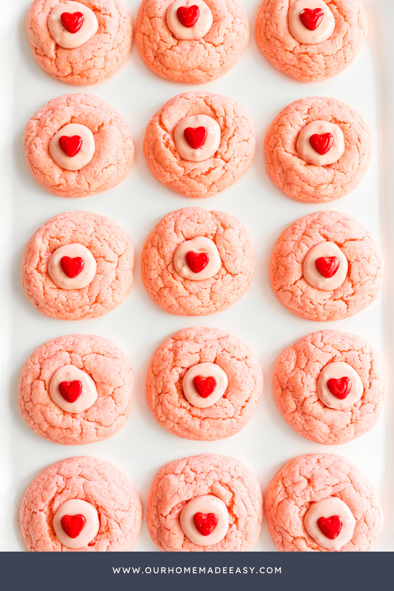 Close up view of finished Valentine's Day cookies