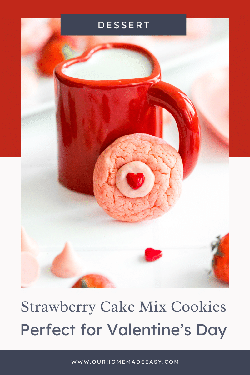 strawberry cake mix cookies on counter with text