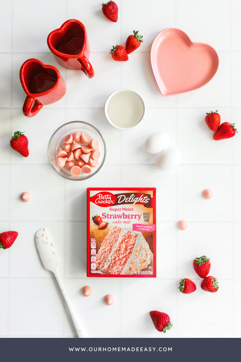 Strawberry Cake Mix cookies ingredients lying on countertop