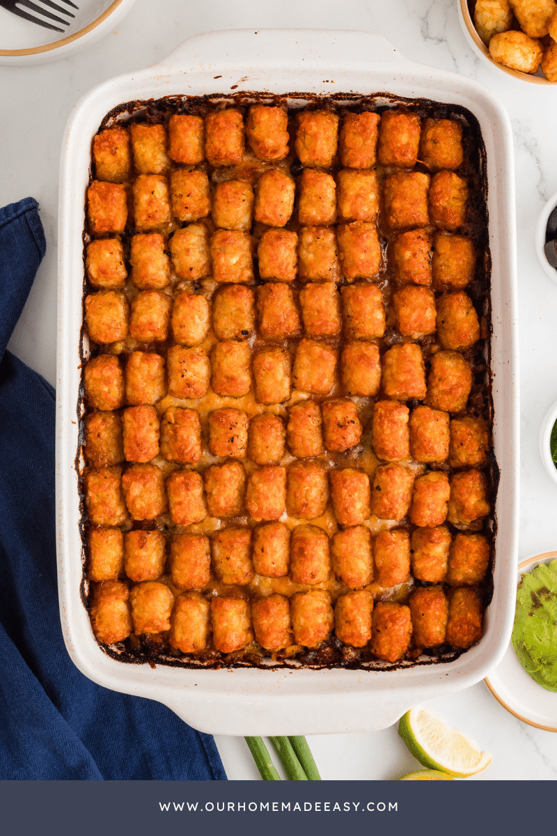 Just baked taco tater tot casserole in casserole dish