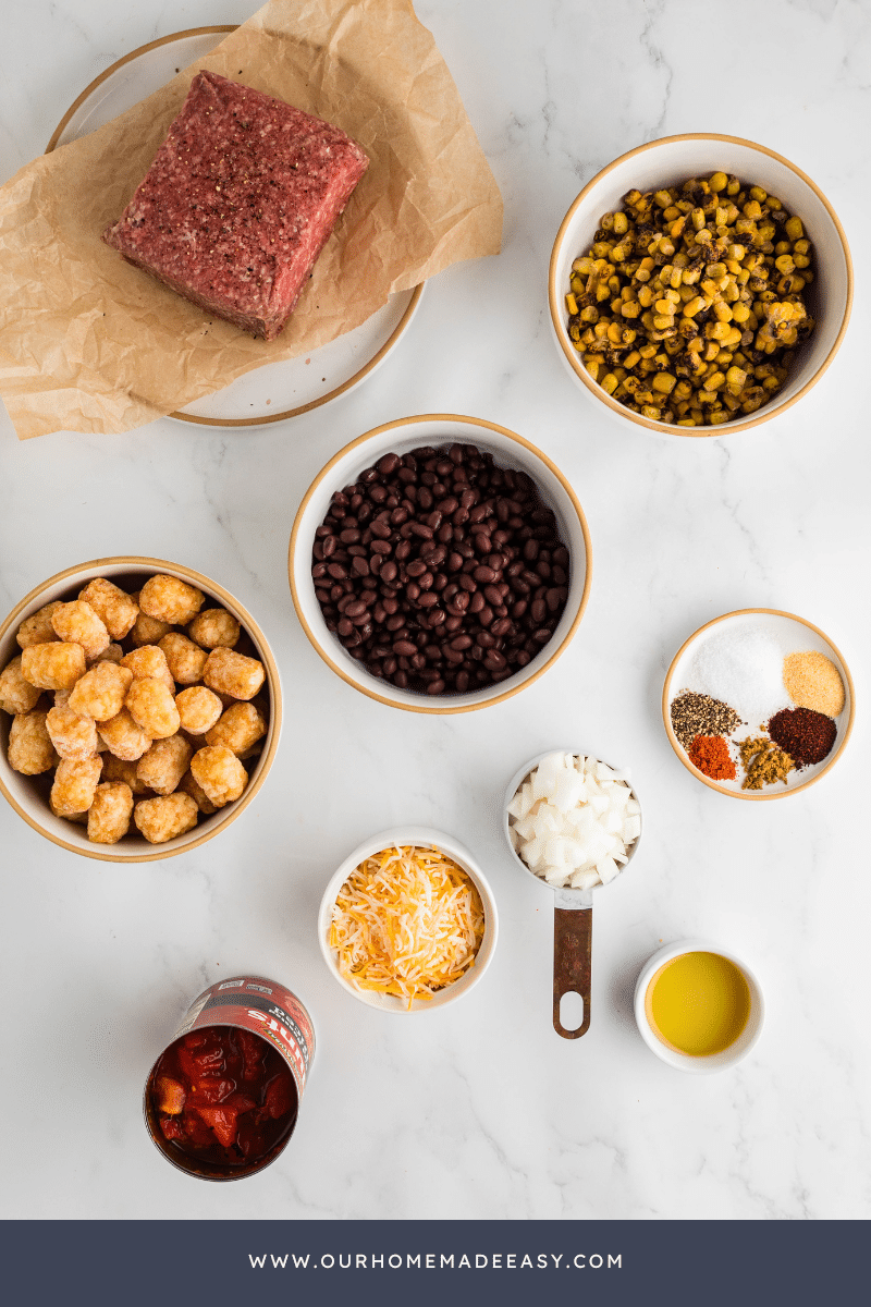 Taco tater tot casserole ingredient laying on counter