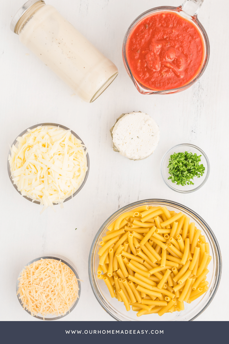 Easy Baked ziti ingredients on countertop