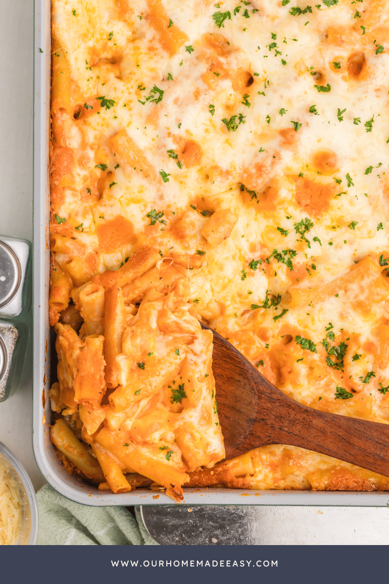 Baked ziti noodles in dish