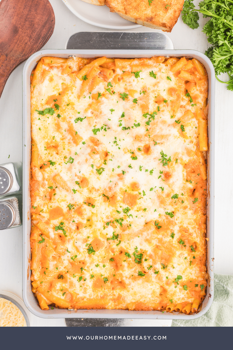 Finished baked ziti looking down at countertop