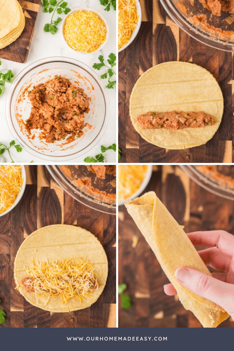 Bean and cheese taquitos being made in a collage of 4 photos