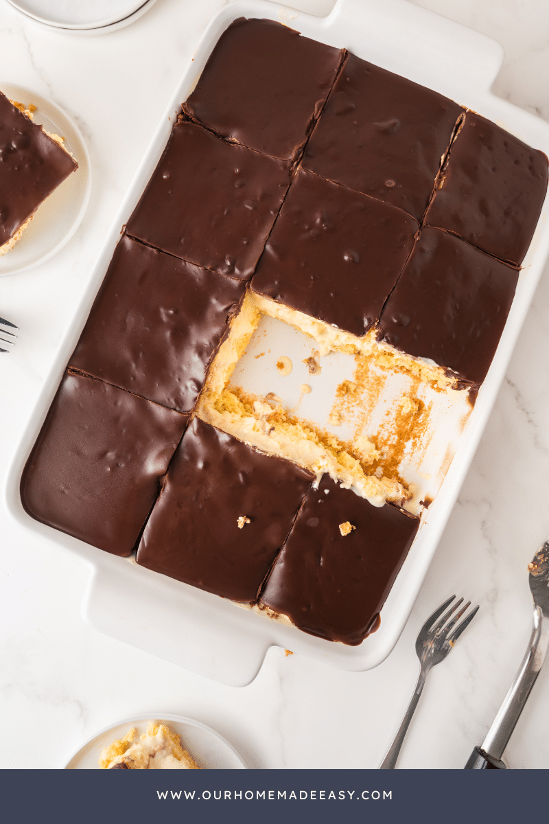 looking down at pan of Boston cream poke cake 