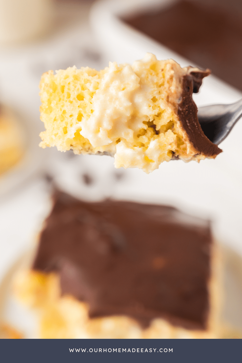 bite shot of Boston cream poke cake 