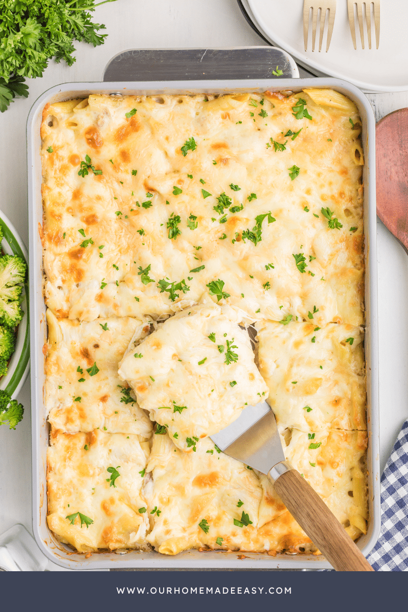 Chicken Alfredo casserole in pan on countertop