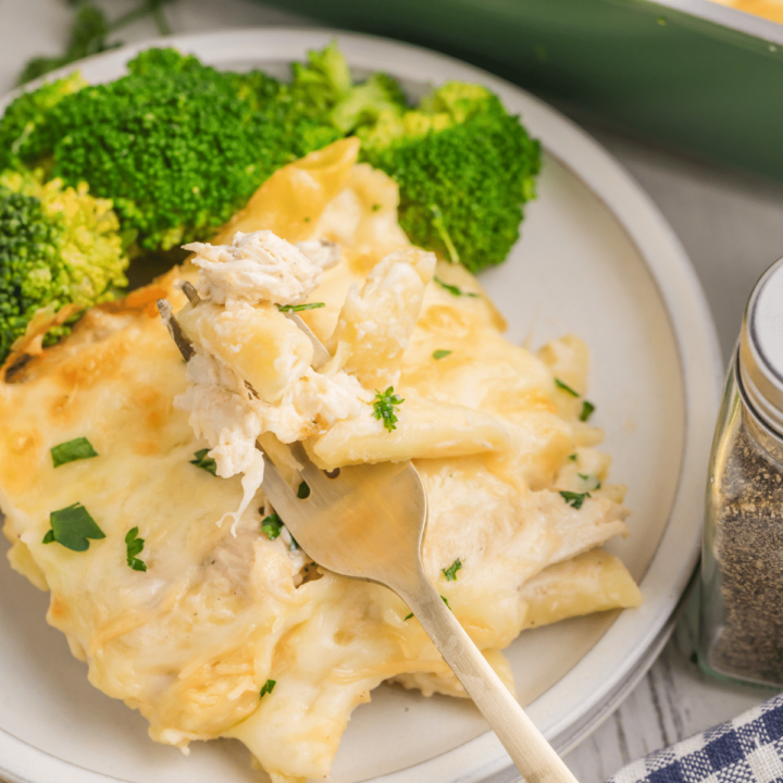 Close up of chicken Alfredo casserole on plate with broccoli