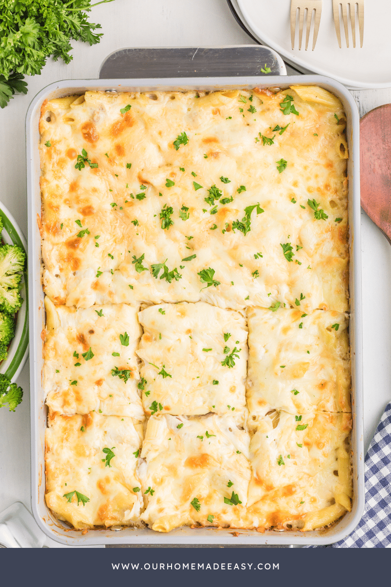 Sliced chicken alfredo bake in pan