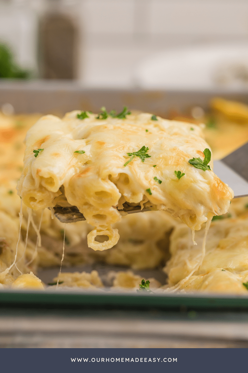 side view of chicken alfredo casserole