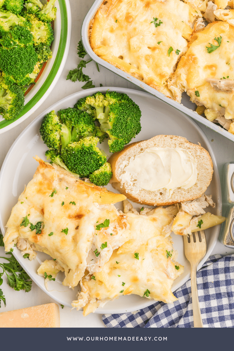 Chicken Alfredo casserole on plate on countertop