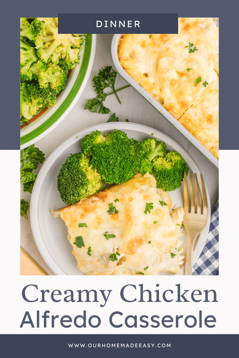 Close up of chicken Alfredo casserole on plate with broccoli