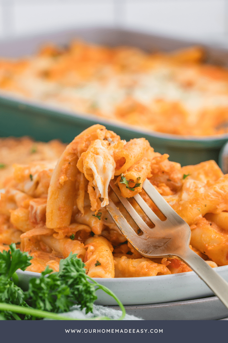 Baked Ziti casserole on plate served with fork