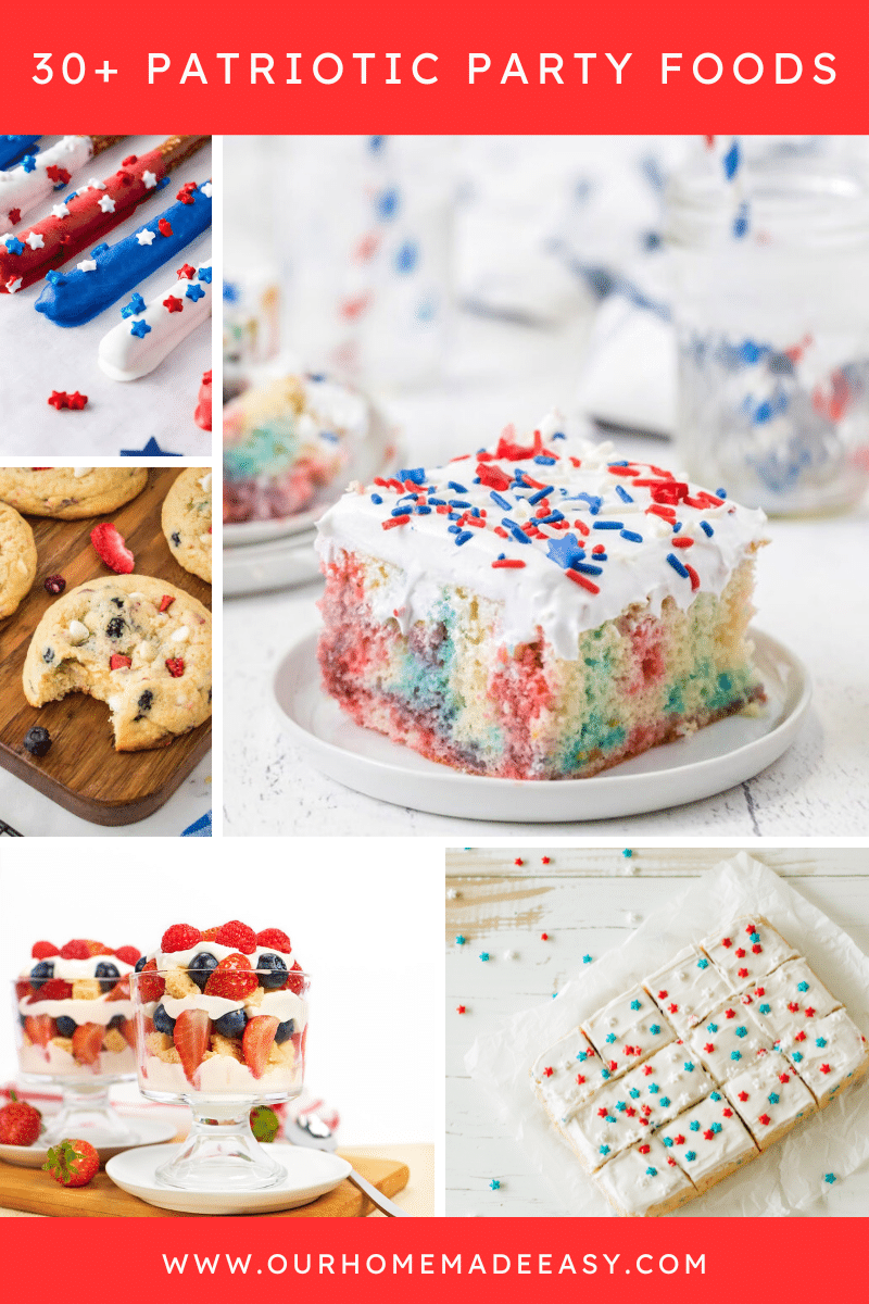 5 Collage of red white and blue snack ideas patriotic treats displayed