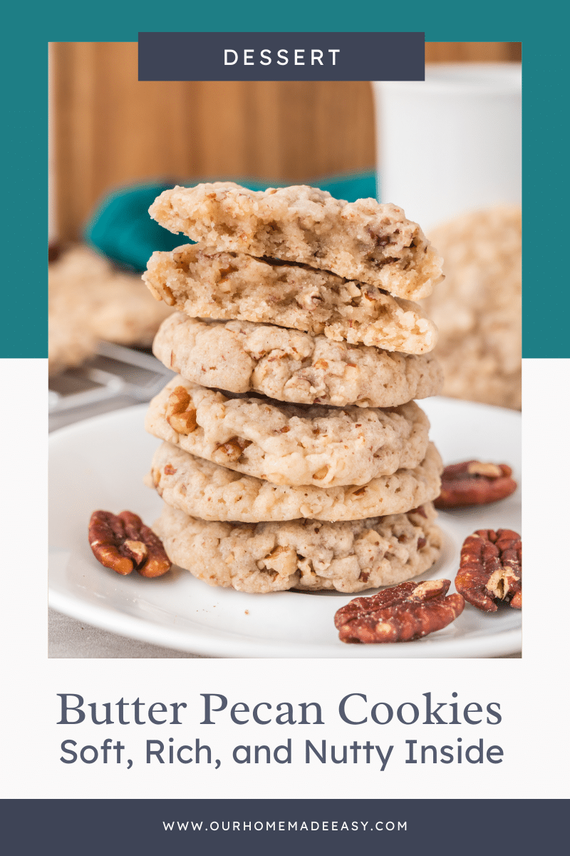 Butter pecan cookies stacked on plate  with text