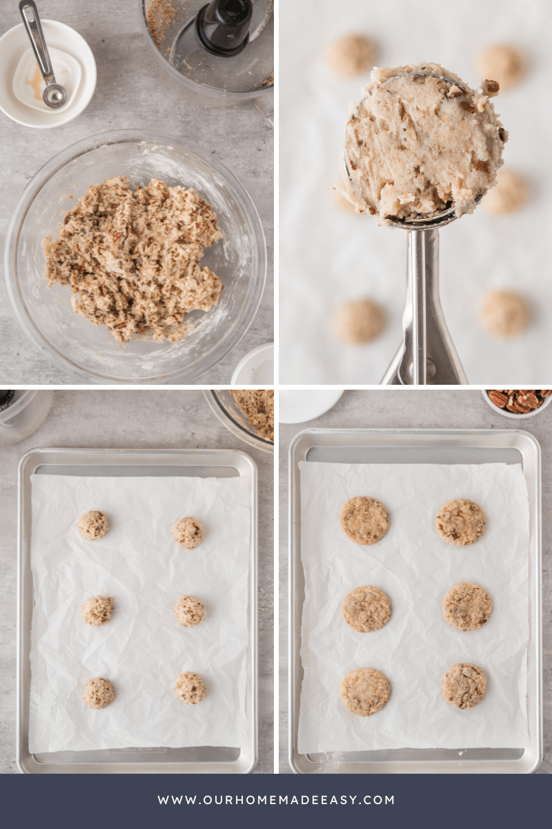 pecan cookie dough scoops on sheet collage