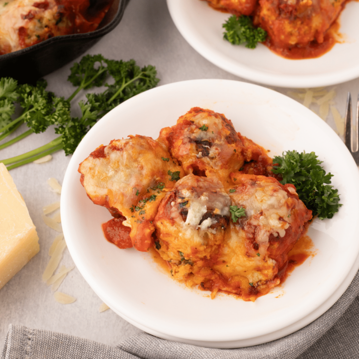 Chicken Parmesan Meatballs on white plate