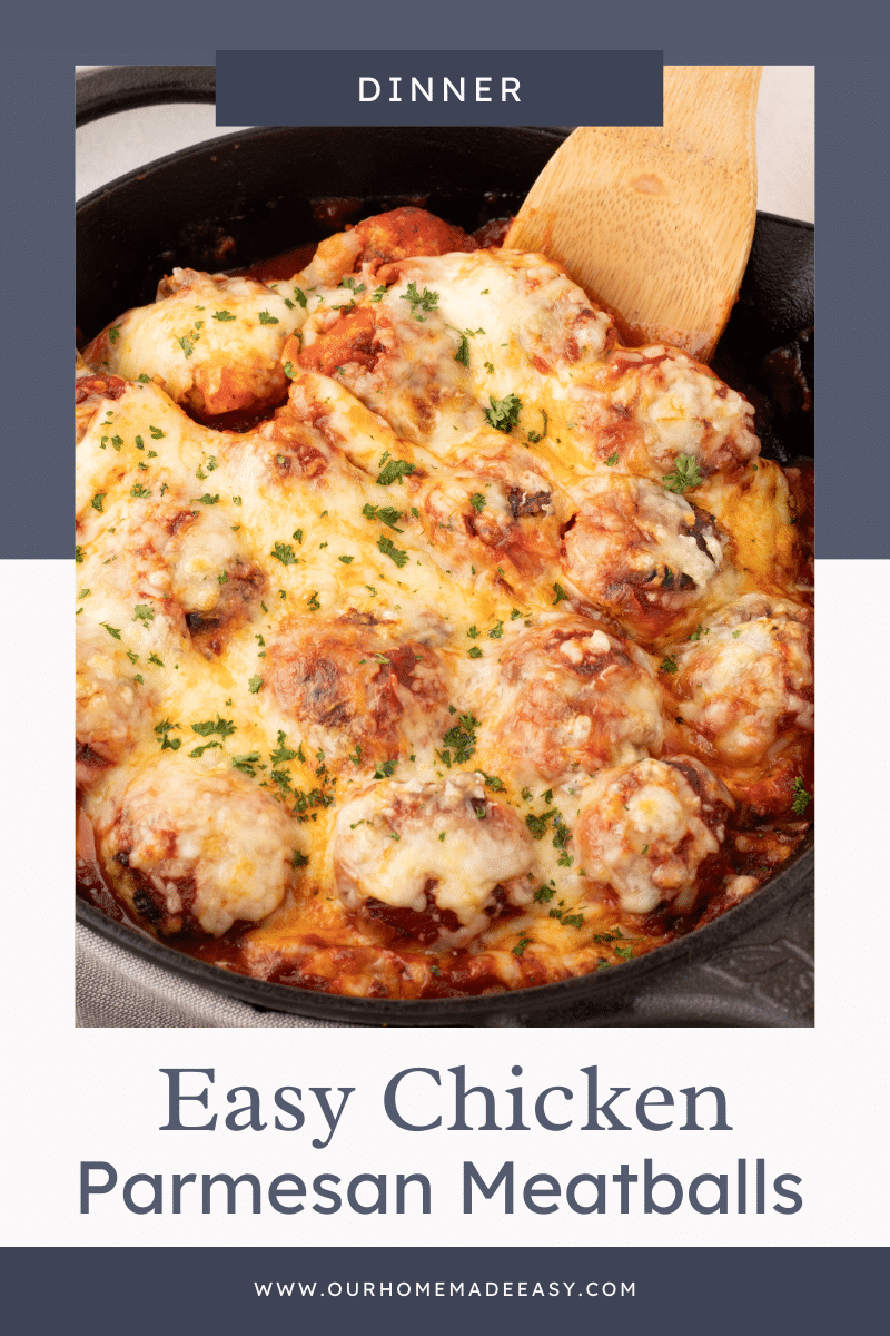 Cheesy baked chicken parmesan meatballs with text