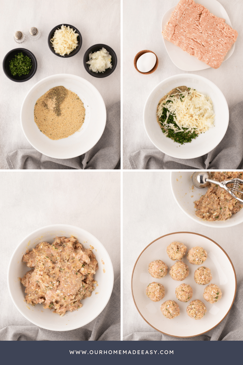 Collage of making chicken parmesan meatballs raw