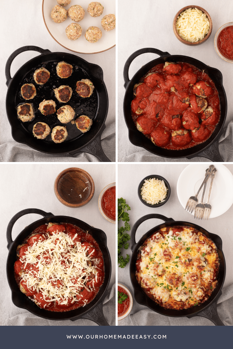 Chicken meatballs collage being made with marinara sauce