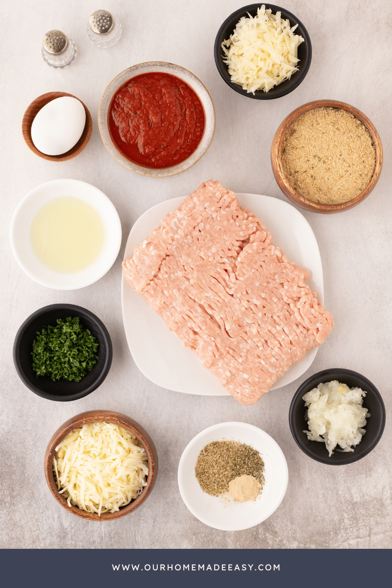 Chicken parmesan meatball ingredients on countertop