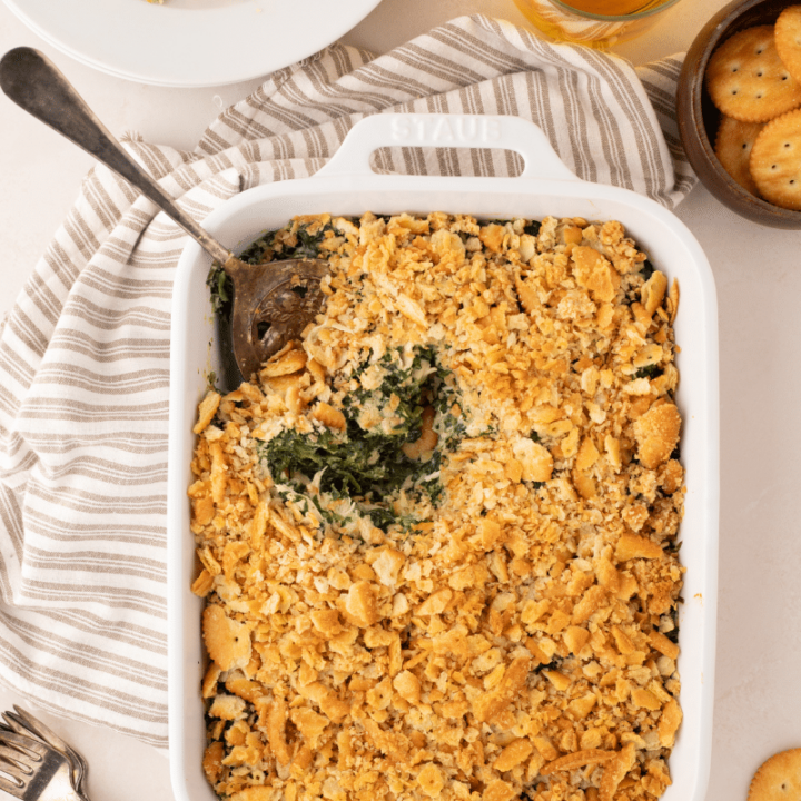 Looking down on finished casserole with spoon in upper corner