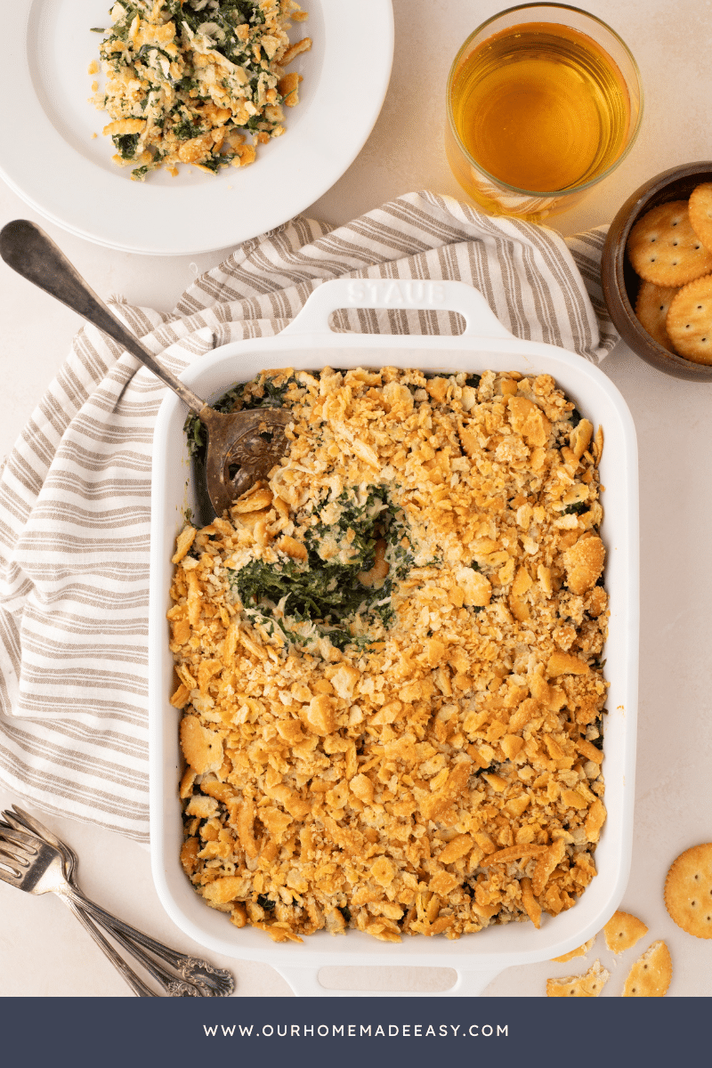 Looking down on finished casserole with spoon in upper corner