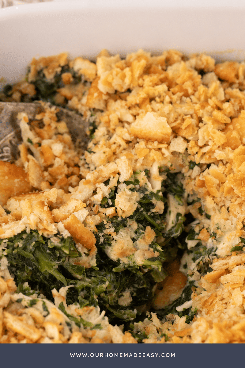 Close up of finished spinach chicken casserole