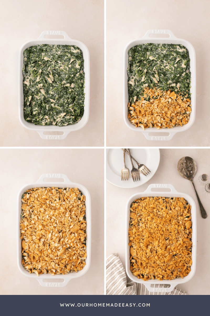 Collage of ritz crackers topping the spinach casserole