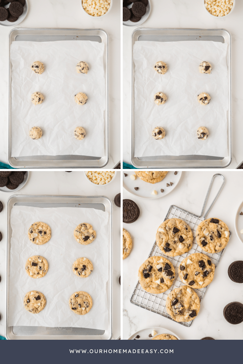 collage of cookie dough balls on baking sheet