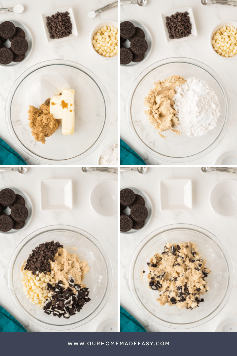 Collage of making Cookies and Cream Cookies  batter