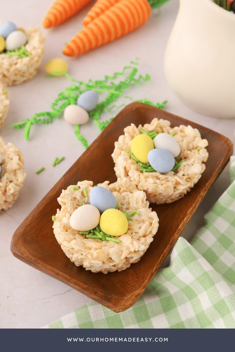 close up of easter treats on wood plate