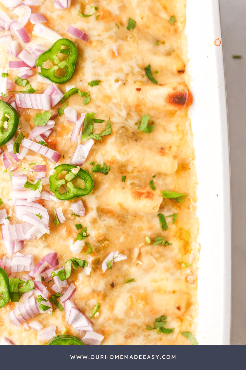 Close up of finished chicken and cheese enchiladas