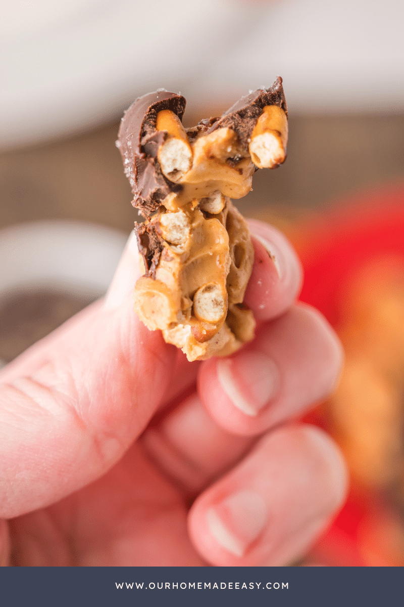 bite shot of peanut butter pretzels bites