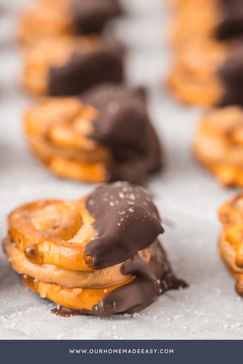 no bake pretzels bites on baking sheet