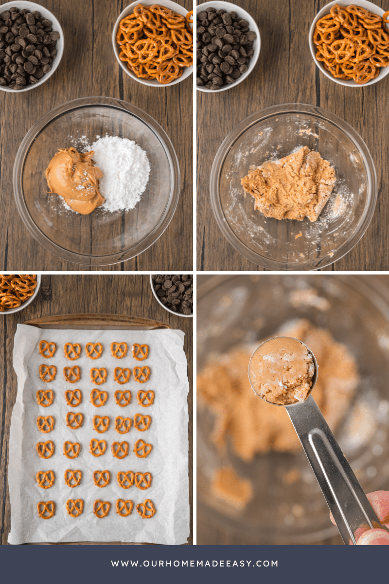 Collage of prepping the sweet peanut butter pretzels mixture