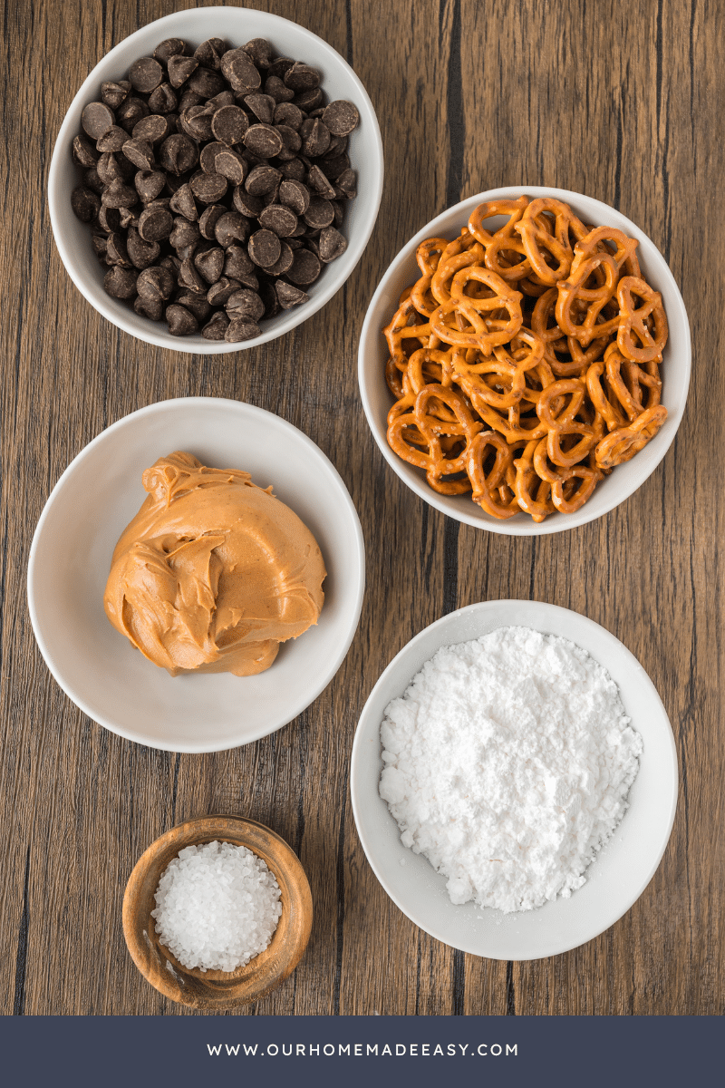 Chcolate Peanut Butter pretzel ingredients on countertop