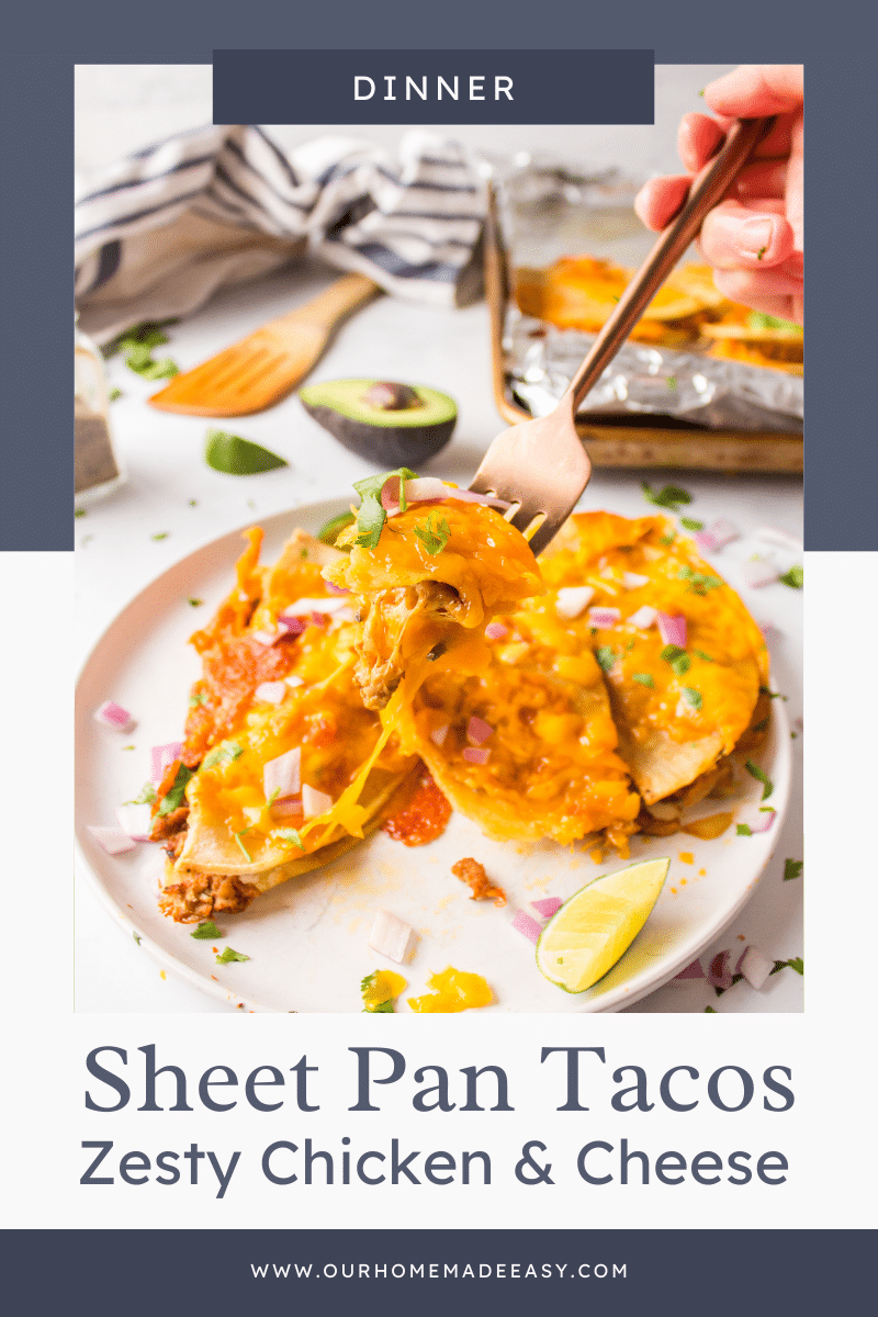 sheet pan tacos on white plate with text