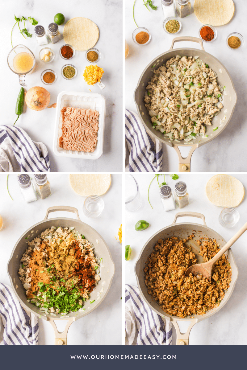 collage of making the ground chicken taco filling