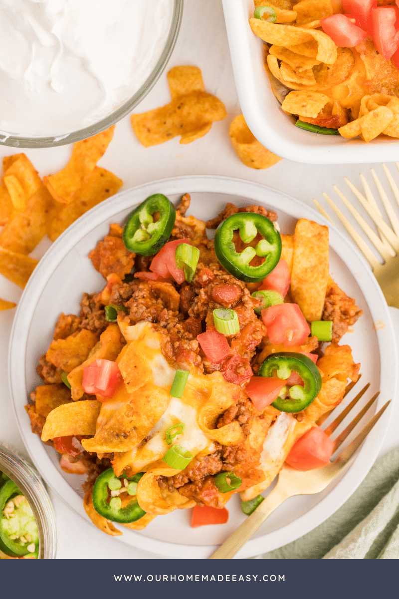 looking down at finished Frito pie casserole  on plate