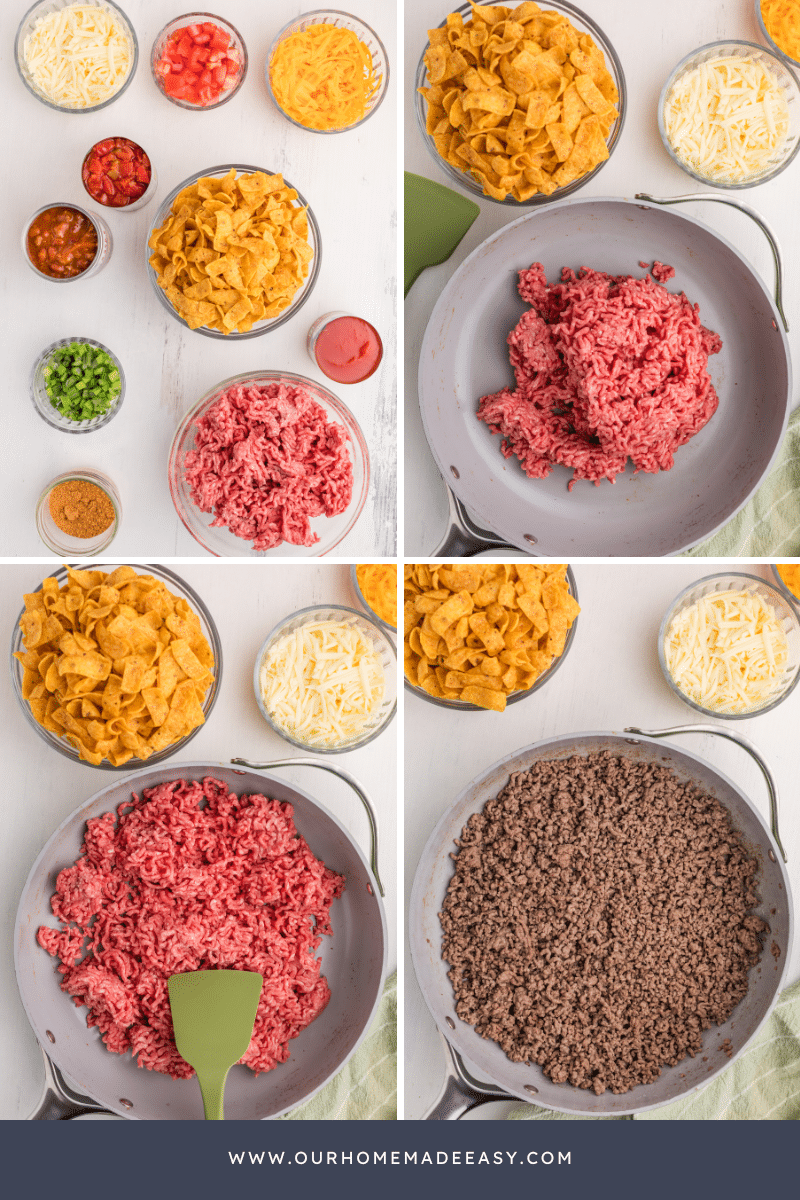 Frito pie taco meat being cooked collage