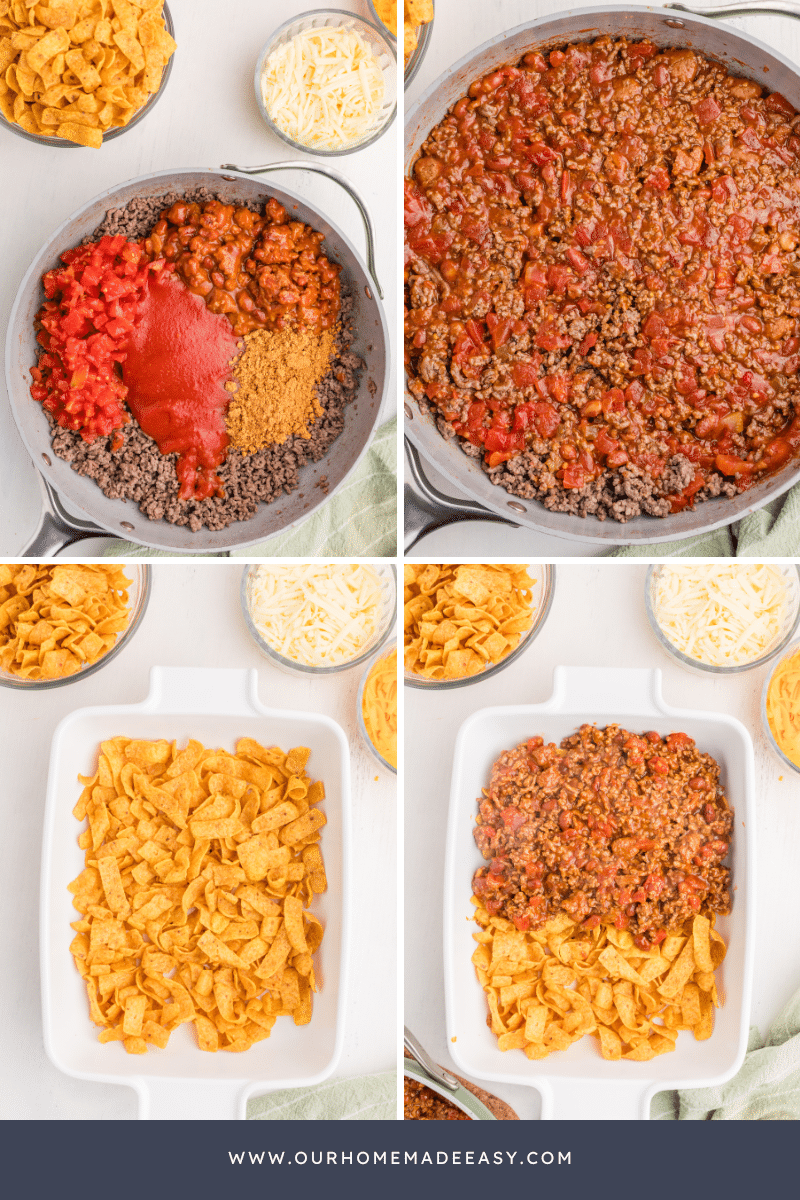 Frito pie casserole being assembled in casserole dish collage